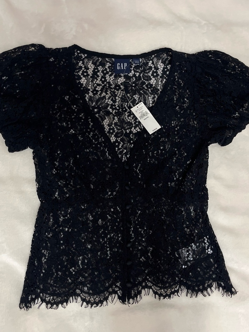 GAP Women's Black Floral Lace V-Neck Puff Sleeve Top